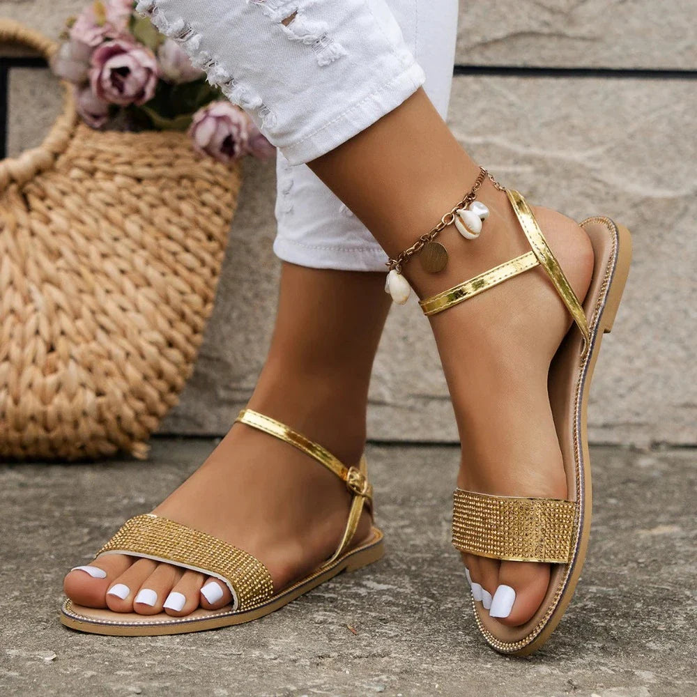 Gold Rhinestone Strap Flat Sandals